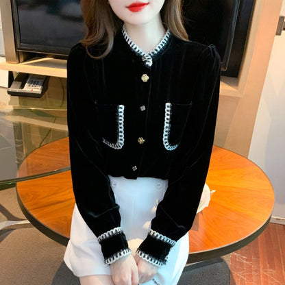 French style small fragrance high-end black velvet shirt women's 2023 new autumn and winter plus velvet thick temperament top