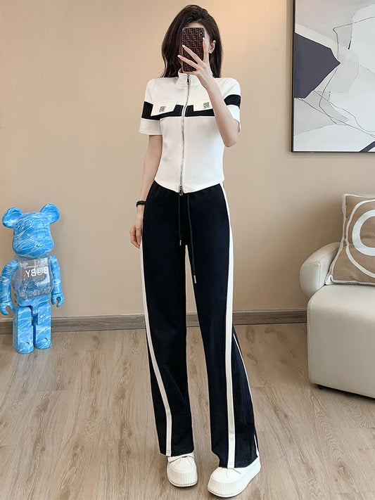 High-end wide-leg pants casual sports suit women's summer 2023 new slim fit thin short-sleeved fashion trend two-piece set