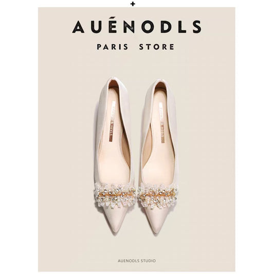 AUENODLS beige word pearl pointed high-heeled shoes high-end French stiletto wedding shoes main wedding dress girl