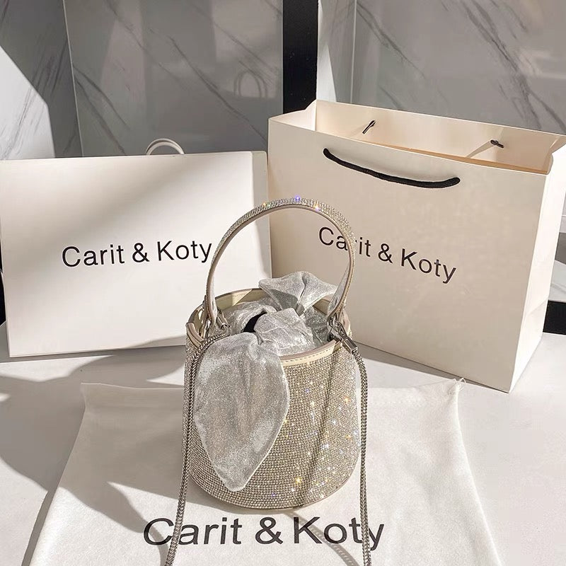 Niche design rhinestone bag 2021 new trendy fashion diamond bow bucket bag chain bag one shoulder messenger