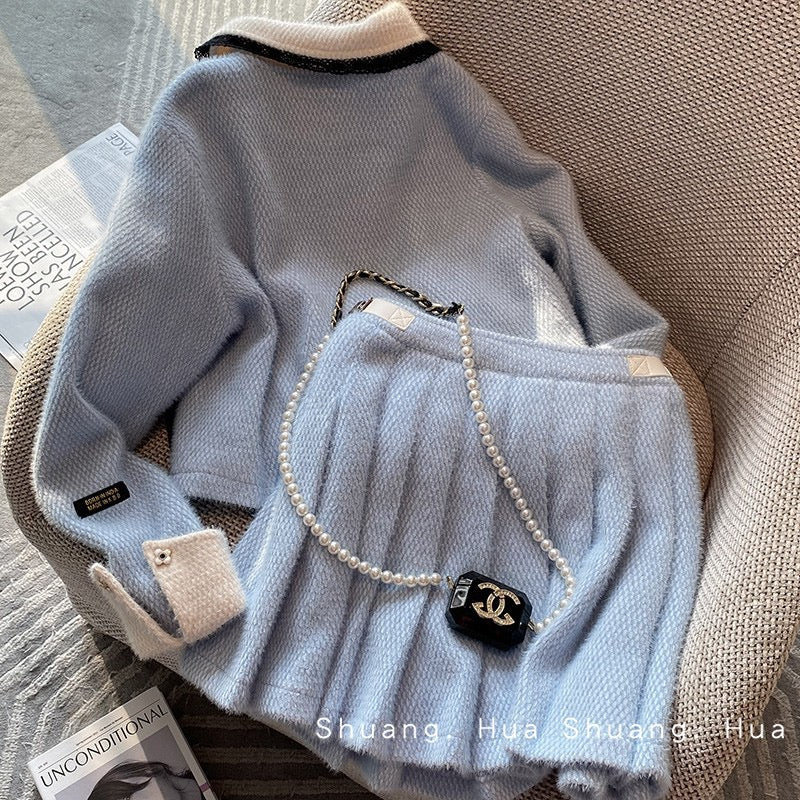 High-end temperament blue small fragrance suit autumn and winter women's 2022 new high-end pleated skirt two-piece suit