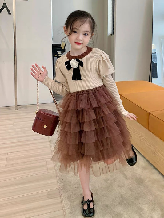 Original girls' children's clothing autumn and winter small fragrance dress children's baby princess skirt autumn clothes puff sleeve cake skirt