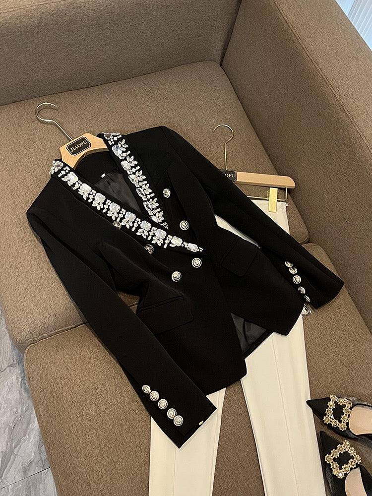 Diamond-encrusted European jacket personality design sense double-breasted heavy industry beaded shawl collar suit women's suit A6452