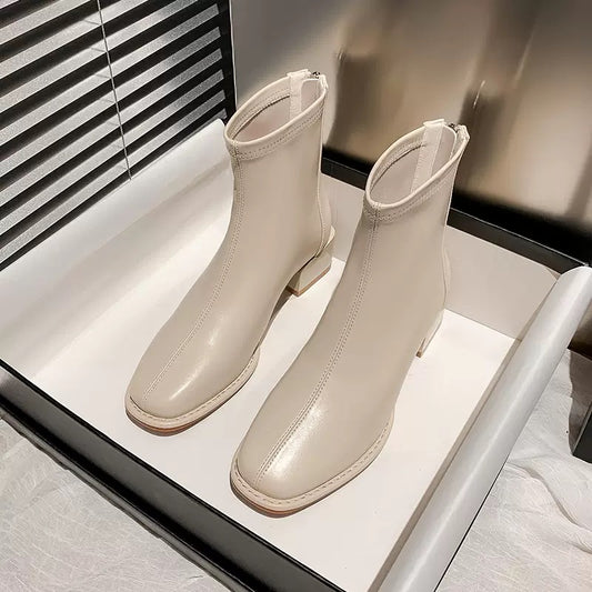 Square toe thick heel ankle boots women's summer 2022 new spring and autumn single boots white elastic boots skinny boots high heels winter 1727