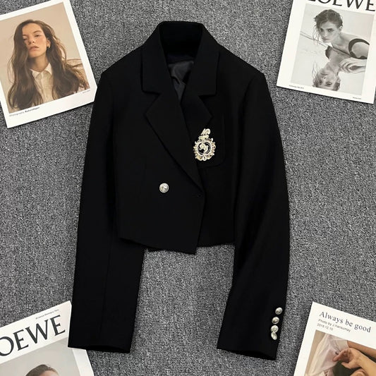 Black ultra-short suit jacket women's 2022 autumn new high-end small college style casual suit 1774