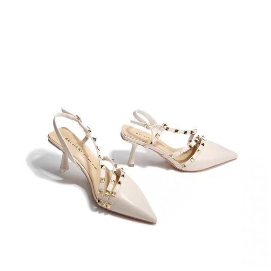 AUENODLS leather nude apricot color back empty rivet one-word toe sandals French stiletto high-heeled shoes women