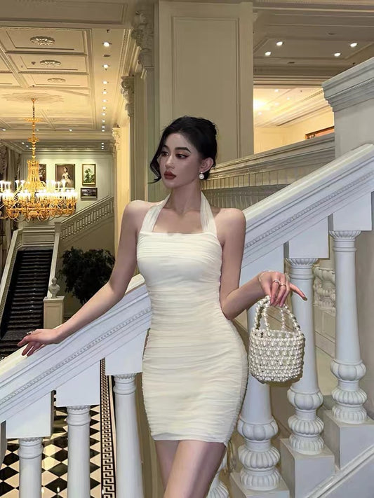 Sexy halter neck suspender dress female summer mesh stitching design sense niche sweet and spicy fried street slim bag hip 5649