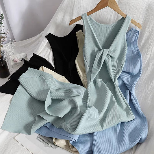 All-match kink hollow sexy slim bag hip skirt Korean version split knitted long skirt summer solid color sleeveless dress