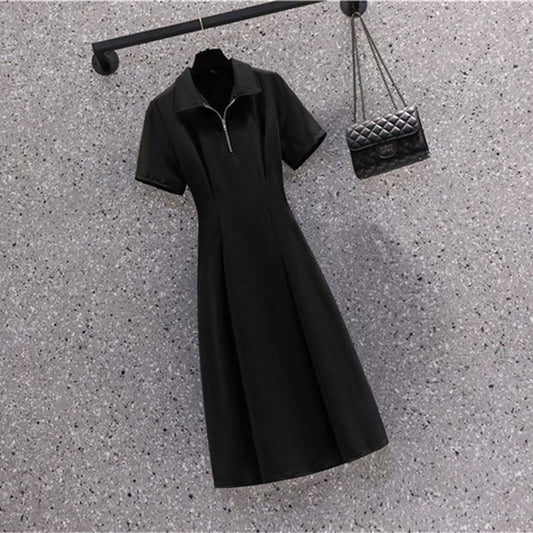 1202plus size women's summer new polo collar dress fashion slim waist temperament A-line dress