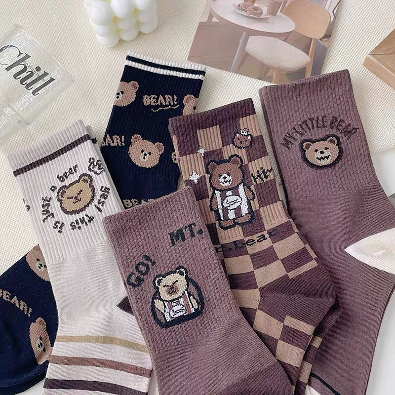 Net red super fire bear socks women's autumn and winter mid-tube socks pure cotton ins tide long tube plaid striped Korean sports