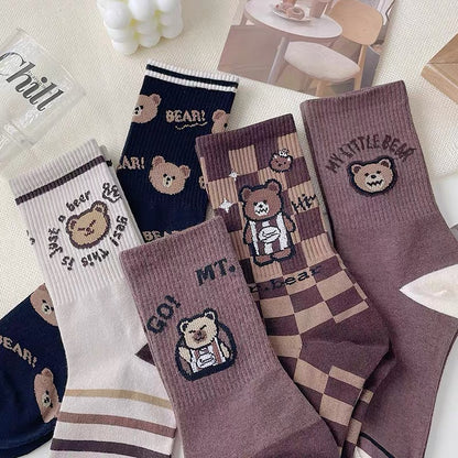 Net red super fire bear socks women's autumn and winter mid-tube socks pure cotton ins tide long tube plaid striped Korean sports