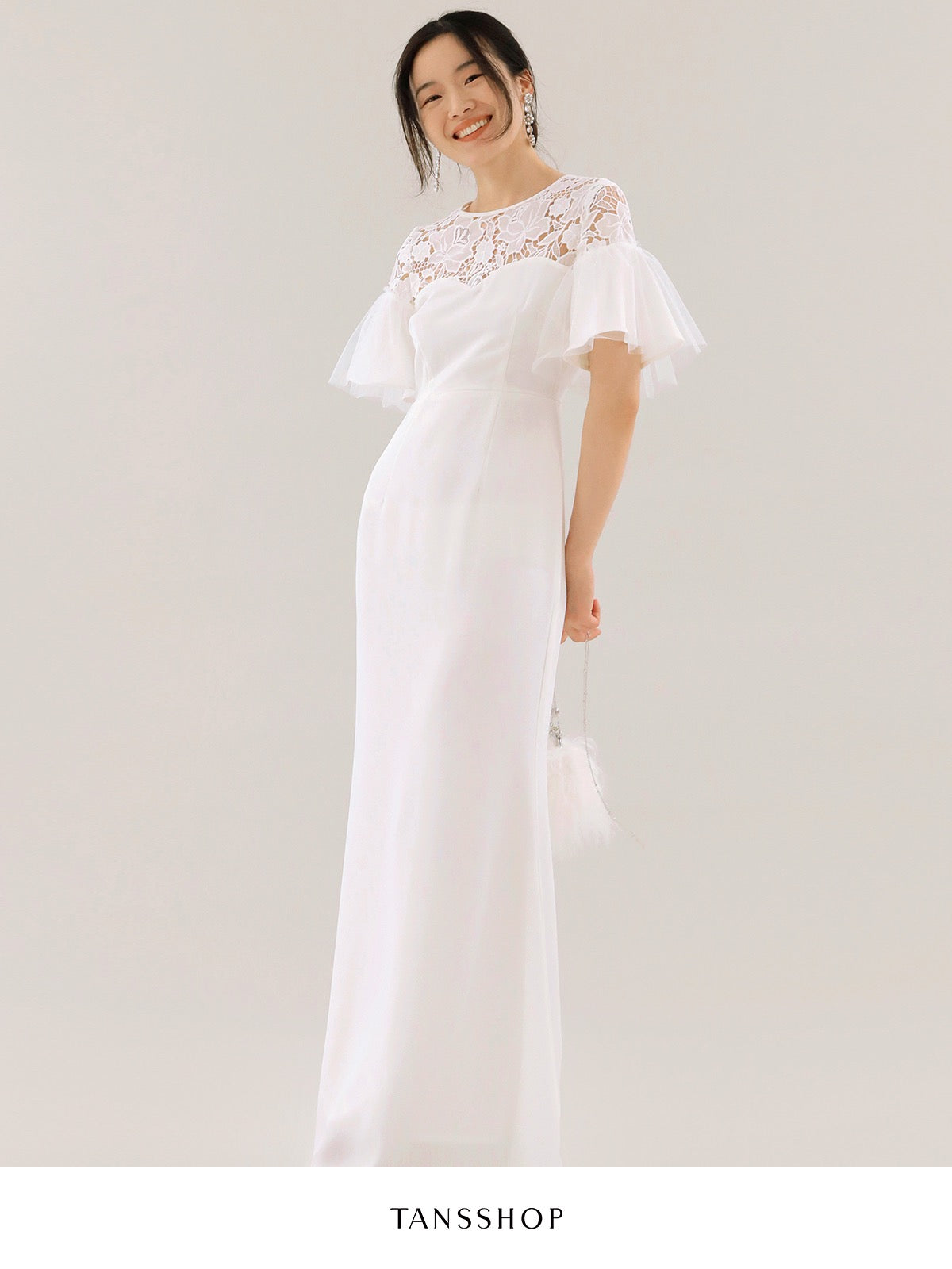 TANSSHOP fairy white lace splicing long skirt mesh sleeves pleated high waist round neck mermaid dress skirt