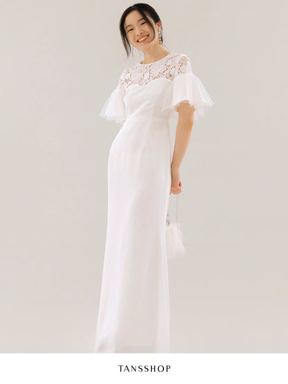 TANSSHOP fairy white lace splicing long skirt mesh sleeves pleated high waist round neck mermaid dress skirt