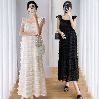 Maternity dress summer dress design sense small flying sleeve fashion going out temperament French cake layer pregnant woman long skirt