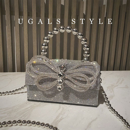 UGALS Metallic Shiny Fairy Vintage Diamond Pillow Bag Bow Knot Diamond Dinner Party Flip Hand Messenger Bag