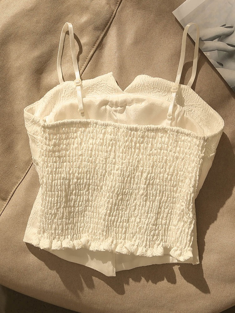 French style white unique small camisole female summer wear hot girl sexy belt chest pad base tube top top outer wear