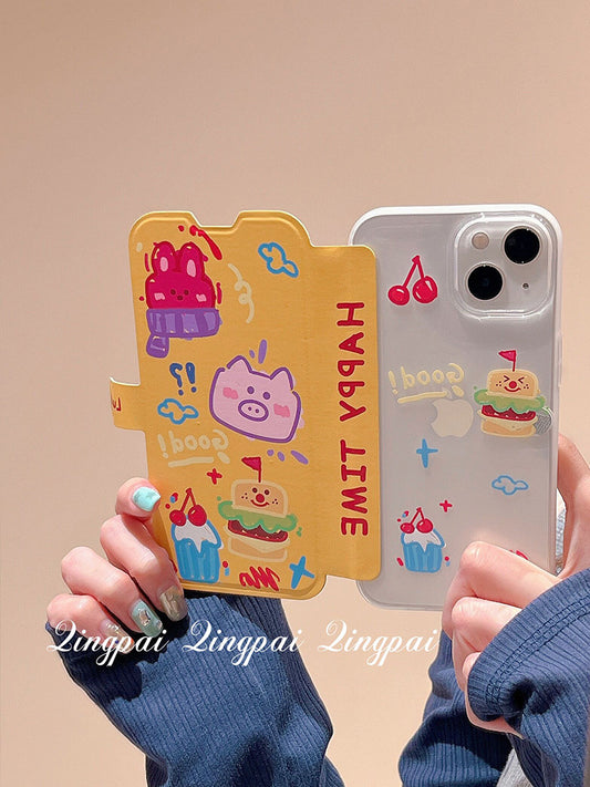 Light faction suitable for iphone14promax mobile phone case new Apple 13 cartoon puppy hamburger graffiti 12 female 11 flip shell 14pm net red creative personality all-inclusive anti-fall soft shell protective cover