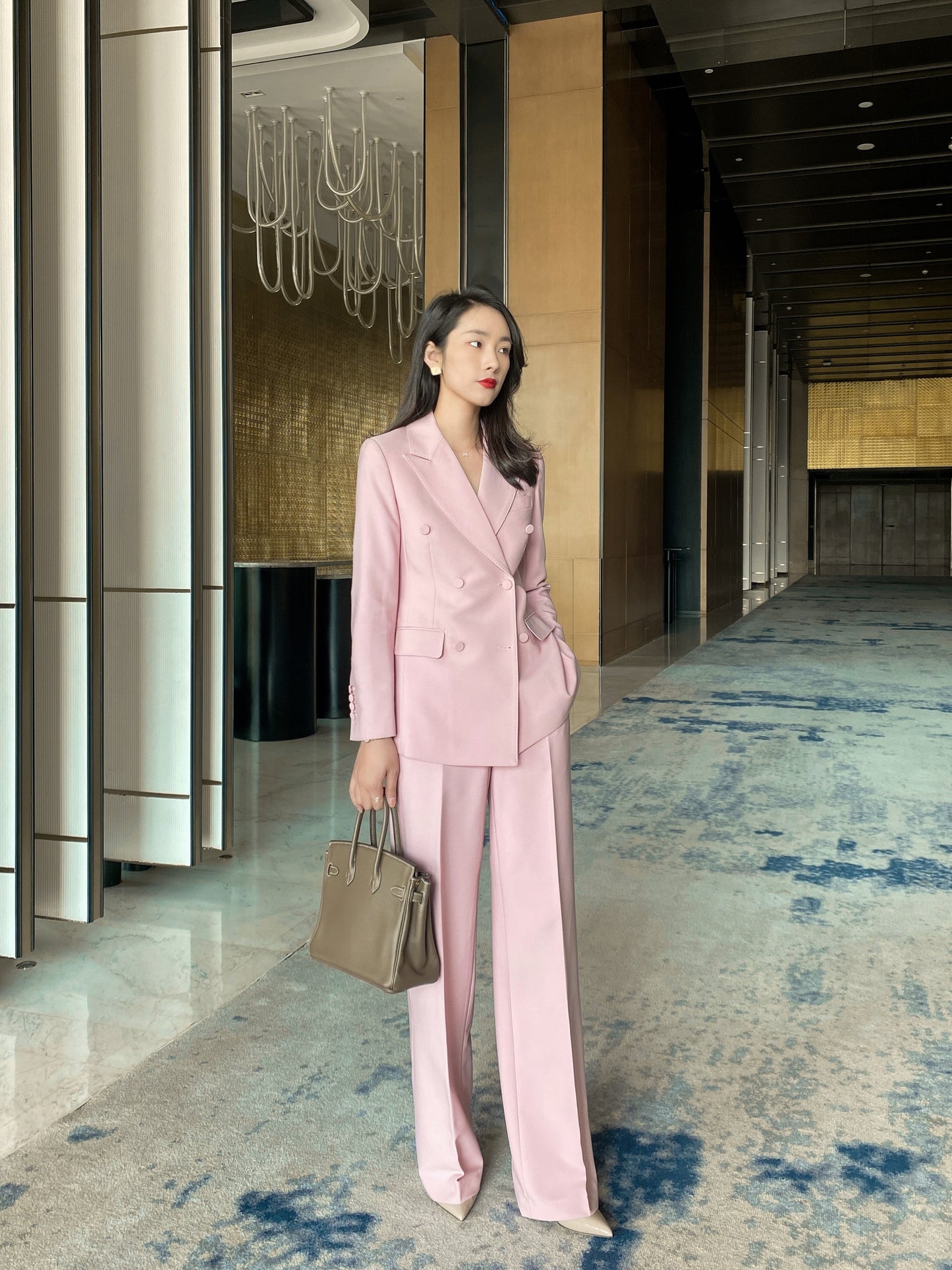 2023 spring temperament pink double-breasted suit suit commuting capable light familiar high wide-leg pants ol workwear
