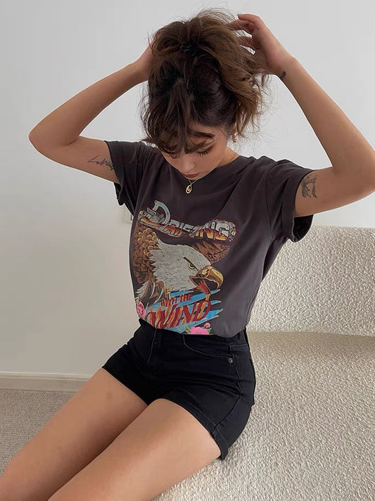 European and American cool girl American retro eagle letter print short-sleeved T-shirt casual out of the street trendy top ins