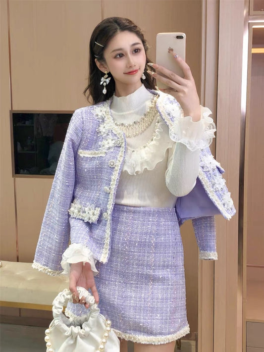 Autumn new suit design sense beaded rhinestones three-dimensional flower ladies temperament coat skirt two-piece women