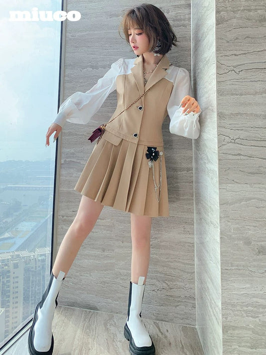 miuco suit lapel stitching shirt lantern sleeve pleated skirt hem waist dress female 2022k