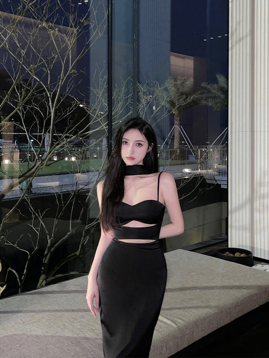 For Fay spring and summer new hollow design sling dress women's high-end sense package hip satin temperament long skirt