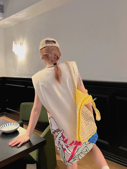 Thebestxue European and American simple beige shoulder pad design print dress 2022 summer new loose mid-skirt