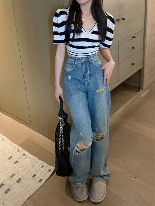 Ripped straight jeans women's 2023 spring and autumn new mopping small tall waist thin wide-leg pants trousers