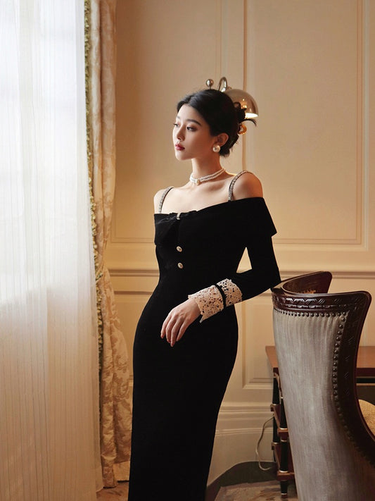Thirteen and Little Sexy sling bag hip long skirt female autumn and winter new skirt black retro velvet dress