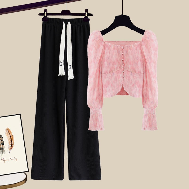 Early autumn new women's clothing, small fragrance style suit, milky gentle style shirt, wide-leg pants, sweet and light luxury two-piece trousers