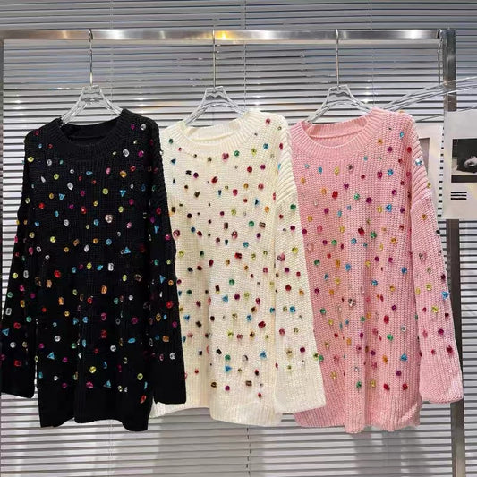 Net red with the same style 2022 autumn new style small fragrance color gem bead heavy industry loose knitted sweater top women