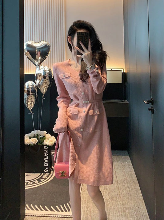 Pink little fragrance dress women's autumn and winter 2022 new high-end sense of celebrity temperament slim slim long-sleeved skirt