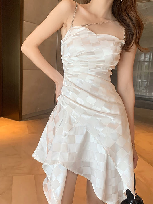 Juicecola temperament small skirt slim waist chain suspenders irregular white plaid dress women