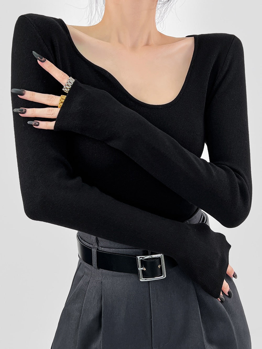 DOUBLE Z Irregular Wavy Neck Slim Slim Long-sleeved Knitwear Women's Autumn Chic Bottom Top