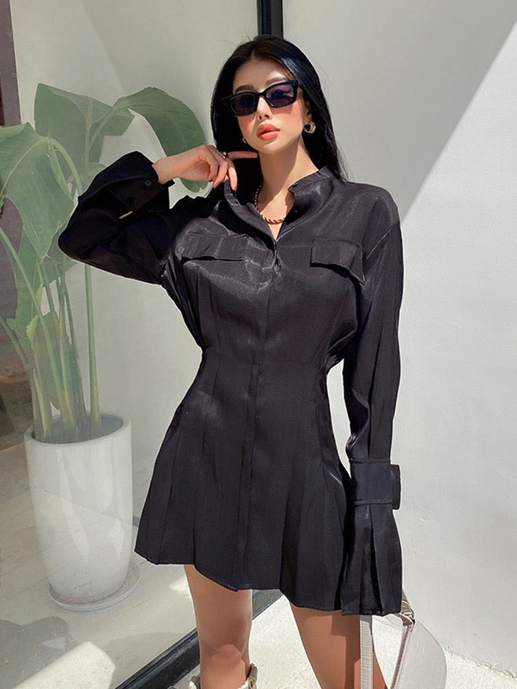 liviahome European and American sweet and spicy shirt dress glossy texture satin long-sleeved dress female design sense niche