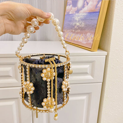 UGALS French retro starry bucket bag handmade diamond beaded pearl bag basket Messenger bag female