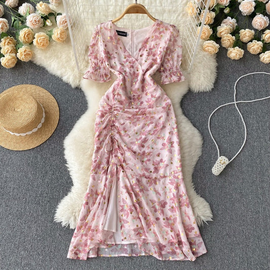 Celebrities light and mature high-end sequin print dress with pleats and irregular slits Short-sleeved V-neck mid-length skirt