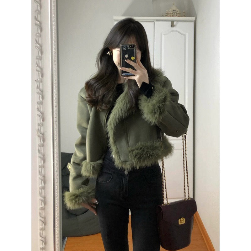 Small fragrant wind fur integrated suede short lamb wool coat women's autumn and winter thickened motorcycle jacket tops