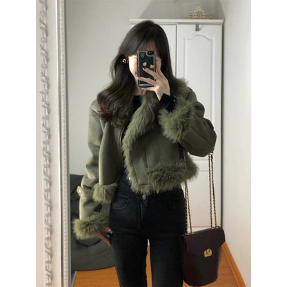 Small fragrant wind fur integrated suede short lamb wool coat women's autumn and winter thickened motorcycle jacket tops