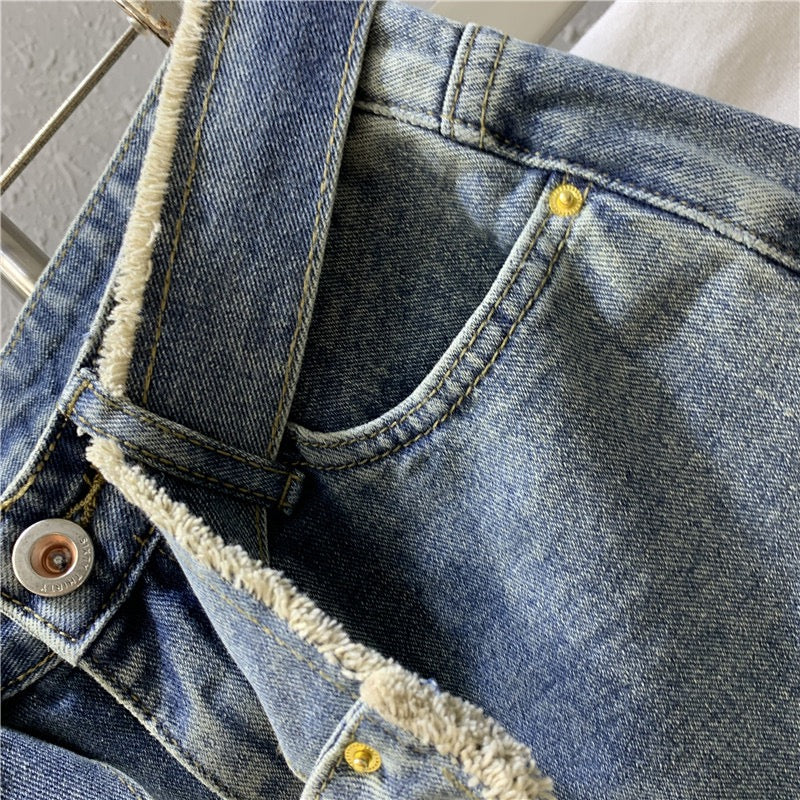 Original 2023 spring new retro light blue denim a-line skirt sexy zipper pocket petite skirt