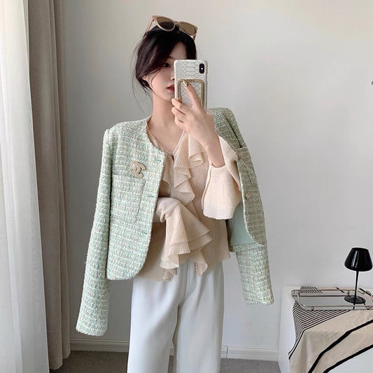CHICROOM green small fragrance coat women's spring and autumn small round neck tweed woven thin short top