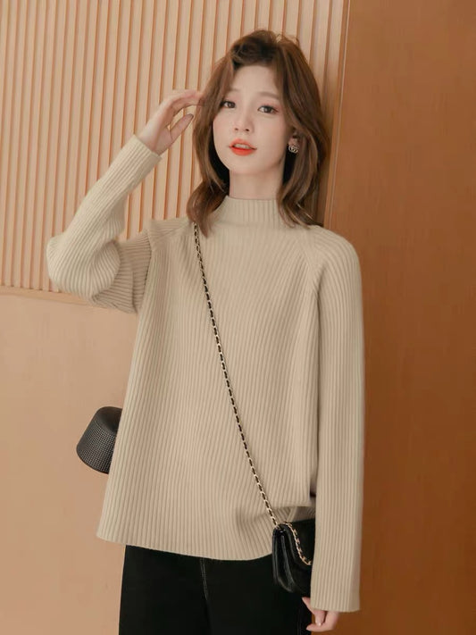 Small grain half turtleneck pullover women's 2022 autumn and winter new retro slimming sweater solid color long-sleeved top
