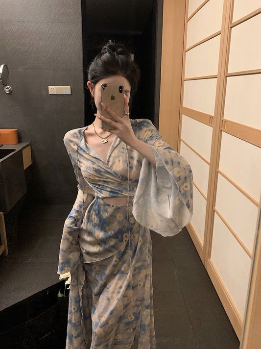 Kumikumi retro temperament V-neck tie long-sleeved dress women's summer design hollow floral skirt