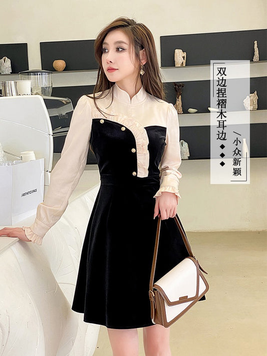 Chic and unique skirt small stitching stand collar wood ears black velvet small fragrant wind winter inner dress