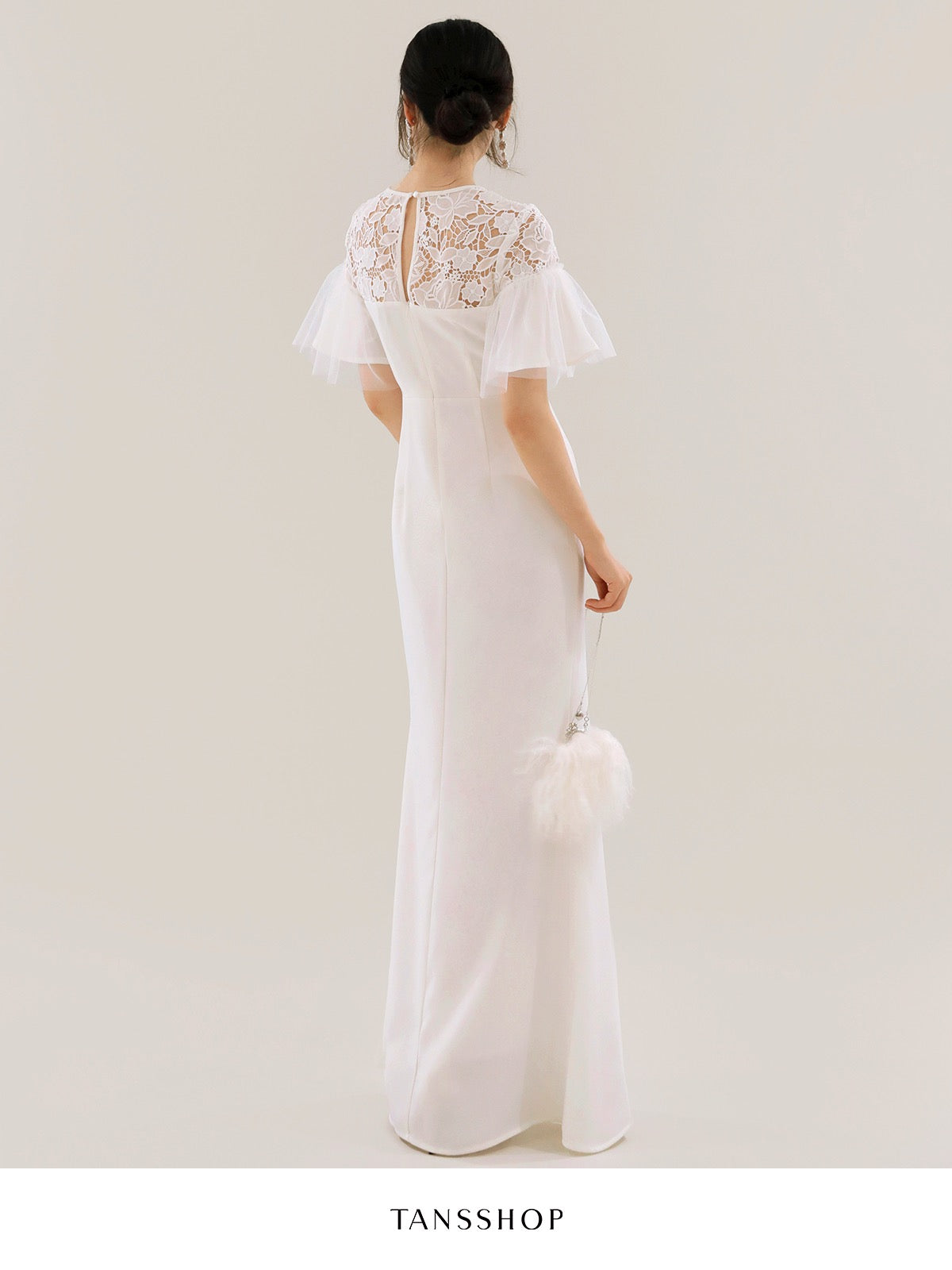 TANSSHOP fairy white lace splicing long skirt mesh sleeves pleated high waist round neck mermaid dress skirt