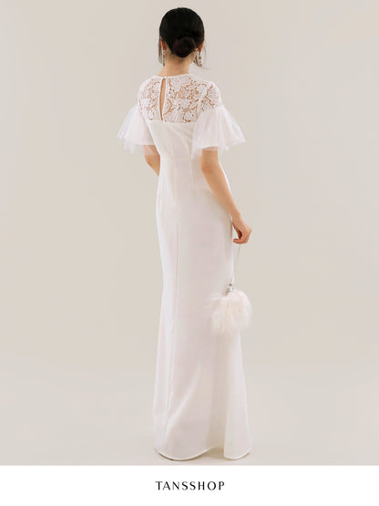 TANSSHOP fairy white lace splicing long skirt mesh sleeves pleated high waist round neck mermaid dress skirt
