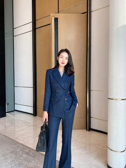 Autumn and winter thickened navy blue herringbone pattern suit jacket wool woolen warm commuting slim micro boot pants work wear women
