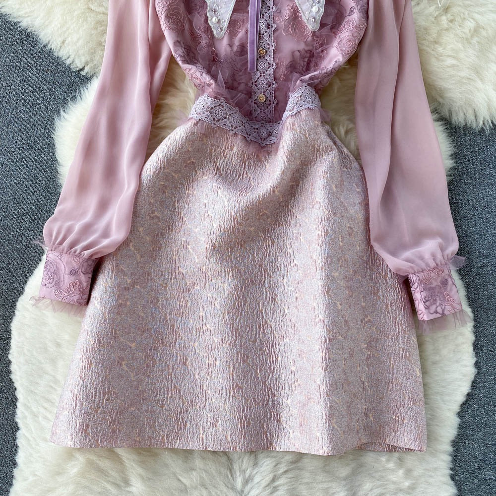 French Chic Stunning Waist Slim Temperament Long-sleeved Dress Summer Women's Doll Collar Hip Skirt Trendy