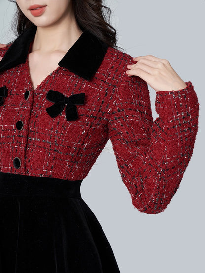 Small fragrant wind slub flower bud skirt high-end mosaic velvet dress female autumn and winter new sweet high waist skirt