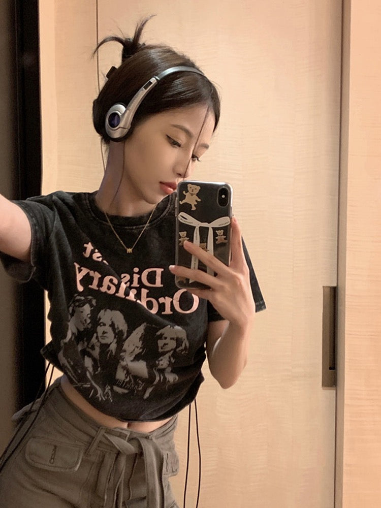 Retro old print couple short-sleeved t-shirt female summer niche design sense drawstring short hot girl navel top